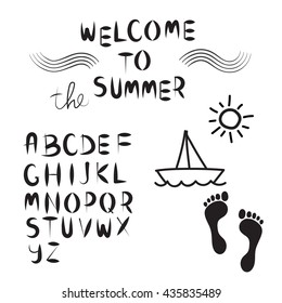  latin alphabet with hand drawn sea, sun, ship and footprint