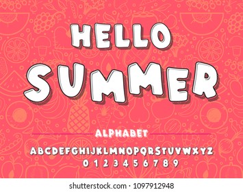 Latin alphabet. Hello Summer font in cute cartoon 3d style.