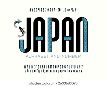 Alfabeto latino em estilo japonês. Fonte moderna preta com inserções padrão azul tradicional, letras, números e símbolos.
