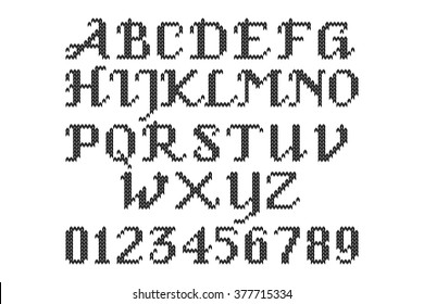 The Latin alphabet. Large black English letters. Cross-stitch. Numbers and signs isolated on white background. Vector illustration.