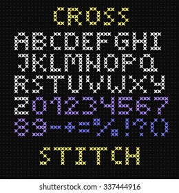 The Latin alphabet. Large English letters. Cross-stitch. Numbers and signs on black background. Vector illustration.