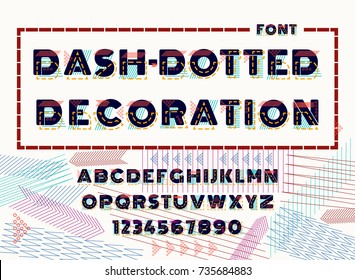 Latin alphabet letters decorated in dash-dotted line style. Minimalistic design sans serif font. Custom typeface. Modern decoration of brochures, presentations, research work, for scientific articles.