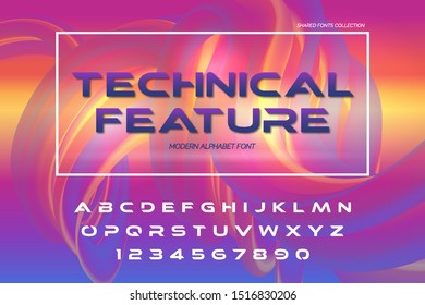 Latin alphabet letters decorated in high-tech style. Hi-tech innovation technical feature sans serif font on bright background. Custom typeface. Modern decoration of brochures, presentations, research