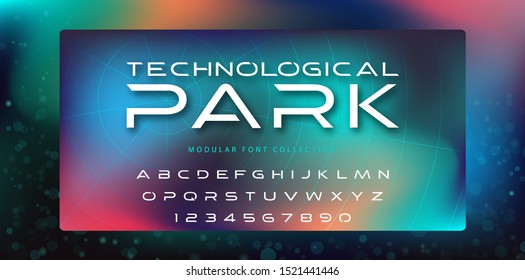 Latin alphabet letters decorated in high-tech style. Hi-tech innovation technical feature sans serif font on bright background. Custom typeface. Modern decoration of brochures, presentations, research