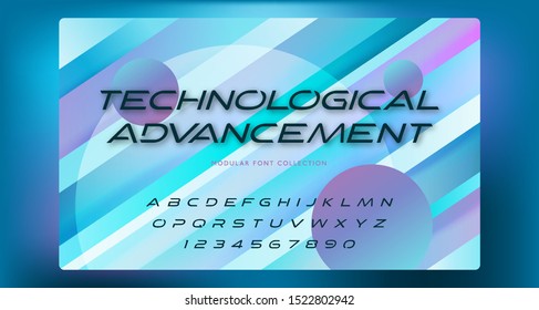 Latin alphabet letters decorated in high-tech style. Hi-tech innovation technical feature sans serif font on bright background. Custom typeface. Modern decoration of brochures, presentations, research