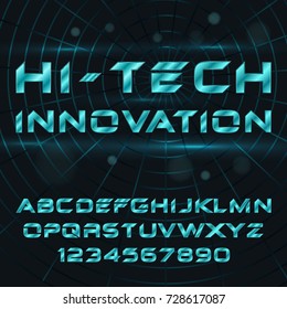 Latin alphabet letters decorated in high-tech style. Hi-tech innovation sans serif font. Custom typeface. Modern decoration of brochures, presentations, research work, for scientific articles.