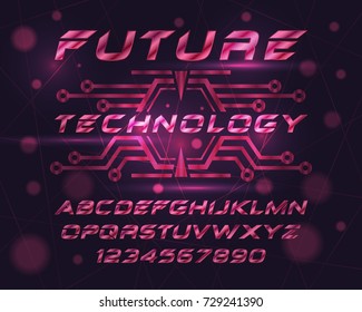 Latin alphabet letters decorated in high-tech style. Hi-tech innovation sans serif font. Custom typeface. Modern decoration of brochures, presentations, research work, for scientific articles.
