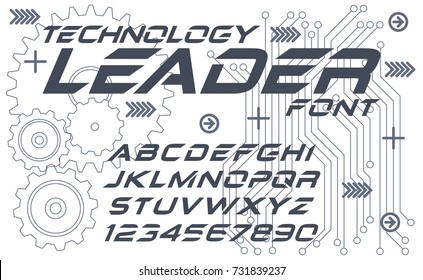 Latin alphabet letters decorated in high-tech style. Hi-tech innovation sans serif font. Custom typeface. Modern decoration of brochures, presentations, research work, for scientific articles.