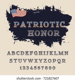 Latin alphabet letters decorated with pattern of flag of America. Vintage stylized serif font. Custom typeface. Elegant decoration of brochures, presentations, invitation cards for ?atriotic poster.