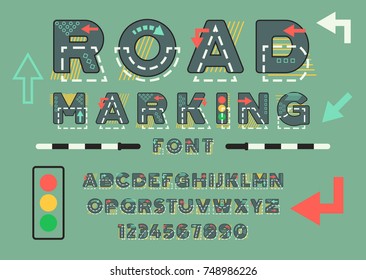 Latin alphabet letters decorated in road marking geometric style. Minimalistic design sans serif font. Custom typeface. Modern decoration of brochures, presentations, banners.