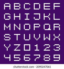 Latin alphabet letters and numbers pixel art style. Vector object. Vector Illustration