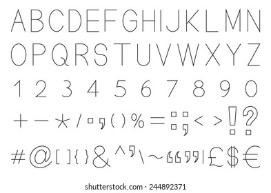 Latin alphabet letters with set of numbers 1, 2, 3, 4, 5, 6, 7, 8, 9, 0, maths, currencies and punctuation signs, original design, black isolated on white background, vector illustration.