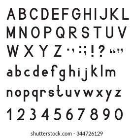 Latin alphabet letters with set of numbers 1, 2, 3, 4, 5, 6, 7, 8, 9, 0, black isolated on white background, vector illustration.