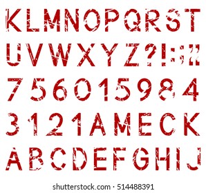Latin alphabet letters with set of numbers 1, 2, 3, 4, 5, 6, 7, 8, 9, 0 and punctuation signs, isolated on white background, vector illustration.