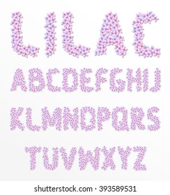 Latin alphabet lilac. Letter font style of flowers.