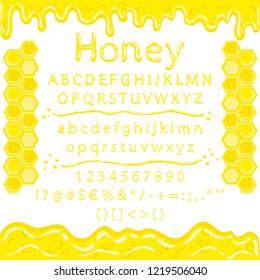 Latin alphabet from liquid honey. Frame with amber honey and honeycombs. Sweet numbers and symbols. The font for desserts, food and the etc. Color fill isn't the gradient. Vector illustration. EPS 8.