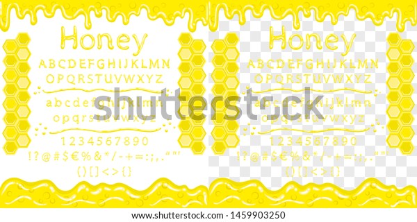 Latin alphabet from liquid honey. Frame\
with amber honey and honeycombs. Font for desserts, food and etc.\
Color fill isn\'t the gradient. White background transparent in EPS.\
Vector illustration.