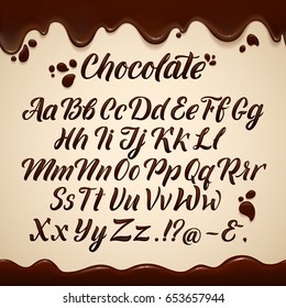 Latin alphabet in liquid style. Hand writing brown chocolate letters. Vector illustrations