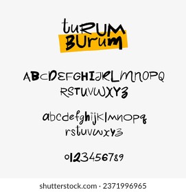 Latin alphabet. Lowercase and uppercase letters and numbers. Lettering. Fashionable modern funny children's playful font hand-drawn. Vector alphabet on a white background.