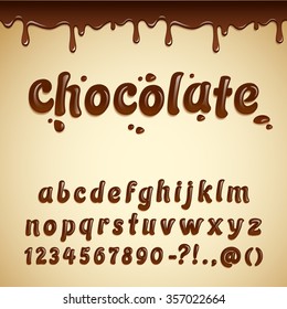 Latin Alphabet Made Of Dark Chocolate, Decorated With Melted Chocolate Border. Liquid Chocolate Font Style. Vector Illustration
