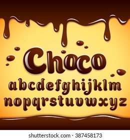 Latin Alphabet Made Of Dark Chocolate, Decorated With Melted Chocolate Border. Liquid Chocolate Font Style. Vector Illustration