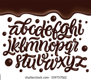 Latin alphabet made of dark melted chocolate with border. Liquid font style. Vector.