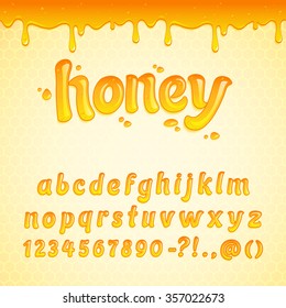 Latin alphabet made of liquid honey, decorated with seamless honey border. Colorful cartoon English alphabet made of honey. Sweet food honey font style for decoration. Vector
