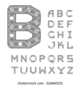 Latin Alphabet Made Of Metal Elements Of Constructor. All The Letters Have The Same Height. Geometric Font. Uppercase Letters. Typeface. Vector.
