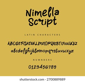 Latin alphabet and numbers, executed with a lively bold brush with a wide stroke and rounded shapes. Uppercase and lowercase letters in a vector. Lettering with a black marker. Hand-drawn font