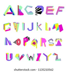 Latin alphabet vector in 3d surreal effect style. Letters in neon colors, some decorated with ornament.Transparent background. All elements are isolated
