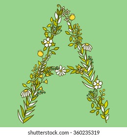 Latin alphabet vector, typography design. Background with latin letters isolated. Poster with floral abc made in modern romantic style. Hand drawn font with leaves, flowers and stems