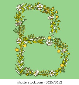 Latin alphabet vector, typography design. Background with latin letters isolated. Poster with floral abc made in modern romantic style. Hand drawn font with leaves, flowers and stems