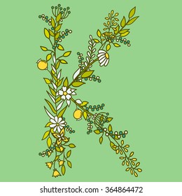 Latin alphabet vector, typography design. Background with latin letters isolated. Poster with floral abc made in modern romantic style. Hand drawn font with leaves, flowers and stems