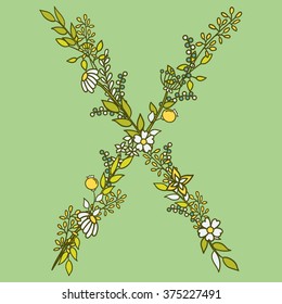 Latin alphabet vector, typography design. Background with latin letters isolated. Poster with floral abc made in modern romantic style. Hand drawn font with leaves, flowers and stems