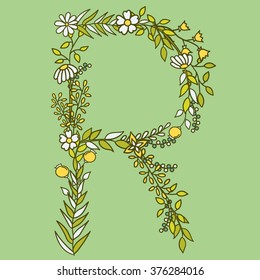 Latin alphabet vector, typography design. Background with latin letters isolated. Poster with floral abc made in modern romantic style. Hand drawn font with leaves, flowers and stems