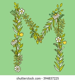 Latin alphabet vector, typography design. Background with latin letters isolated. Poster with floral abc made in modern romantic style. Hand drawn font with leaves, flowers and stems
