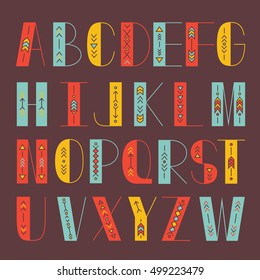 Latin alphabet vector, typography design. Set of  latin letters. Poster with latin abc made in aztec style. Modern and clean font. Red, blue and yellow text icon. Decorative background