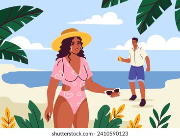 Latin america beach scene. Man and woman in pink swimsuit. Young guy and girl in summer clothes at sand. Vacation and holiday in tropical countries. Cartoon flat vector illustration