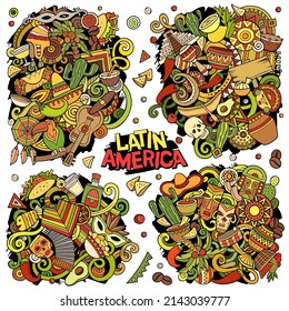 Latin America cartoon vector doodle designs set. Colorful detailed compositions with lot of Latin American objects and symbols. All items are separate