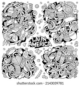 Latin America cartoon vector doodle designs set. Sketchy detailed compositions with lot of Latin American objects and symbols. All items are separate