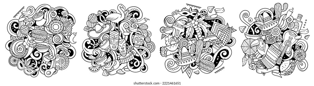 Latin America cartoon vector doodle designs set. Sketchy detailed compositions with lot of Latin American objects and symbols