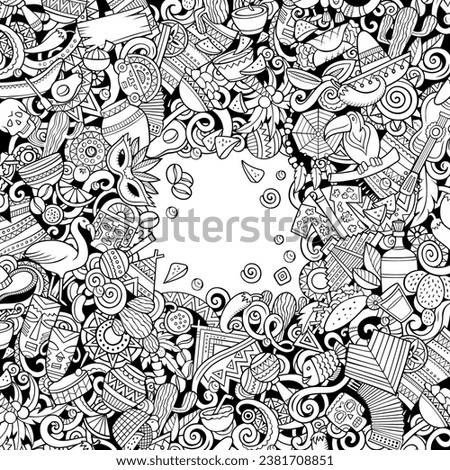 Latin America cartoon vector frame. Sketchy detailed border with lot of Latinamerican objects and symbols. All items are separate. NOT AI