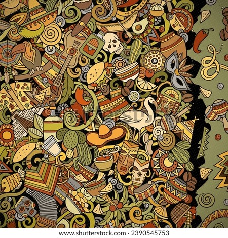 Latin America cartoon vector frame. Colorful detailed border with lot of Latinamerican objects and symbols. All items are separate