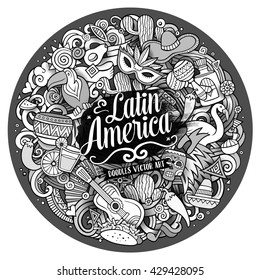 Latin America. Cartoon vector hand drawn Doodle illustration. Line art detailed round design background with objects and symbols. All objects are separated