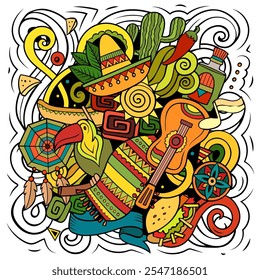 Ilustración vectorial de dibujos animados de Latina America. Composición detallada colorida con muchos objetos y símbolos latinoamericanos