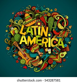 América Latina fundo festivo colorido. Cartoon vetor desenhado mão ilustração Doodle. Design detalhado brilhante multicolorido com objetos e símbolos. Todos os objetos são separados