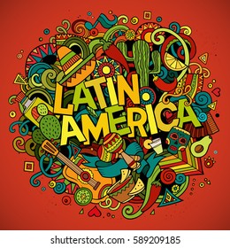 Latin America colorful festive background. Cartoon vector hand drawn Doodle illustration. Multicolored bright detailed design with objects and symbols. All objects are separated