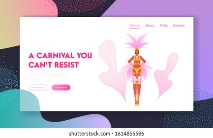 Latin America Culture Website Landing Page. Girl in Festival Costume with Feathers Dancing at Carnival in Rio De Janeiro. Brazilian Samba Dancer Woman Web Page Banner. Cartoon Flat Vector Illustration