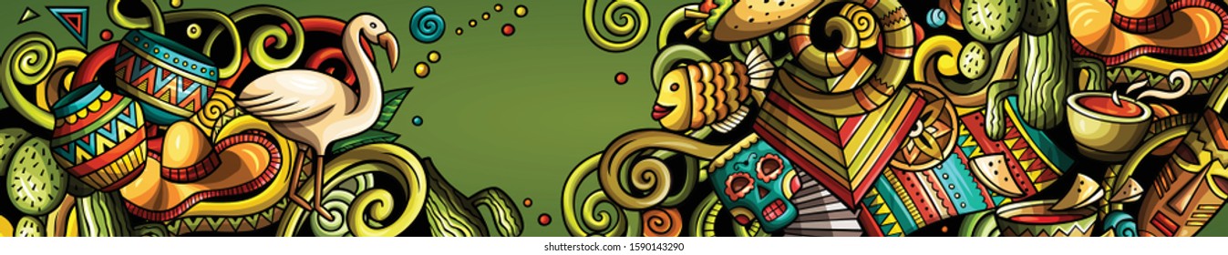 Latin America hand drawn doodle banner. Cartoon detailed flyer. Latinamerican identity with objects and symbols. Latino illustrations. Color vector design elements background