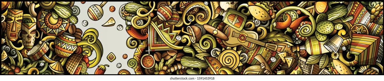 Latin America hand drawn doodle banner. Cartoon detailed flyer. Latinamerican identity with objects and symbols. Latino illustrations. Color vector design elements background
